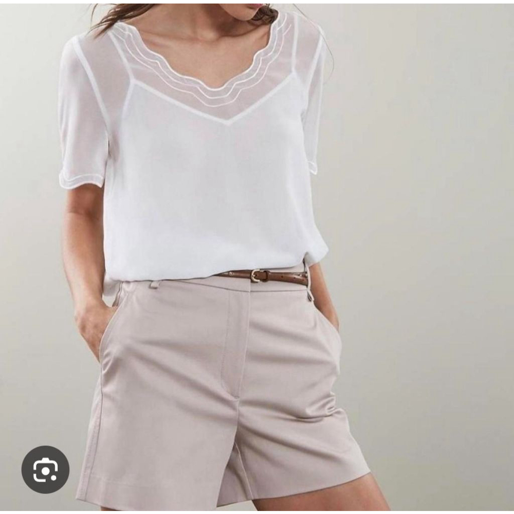 REISS Porto Scallop T-Shirt in White Sheer Blouse Size 8